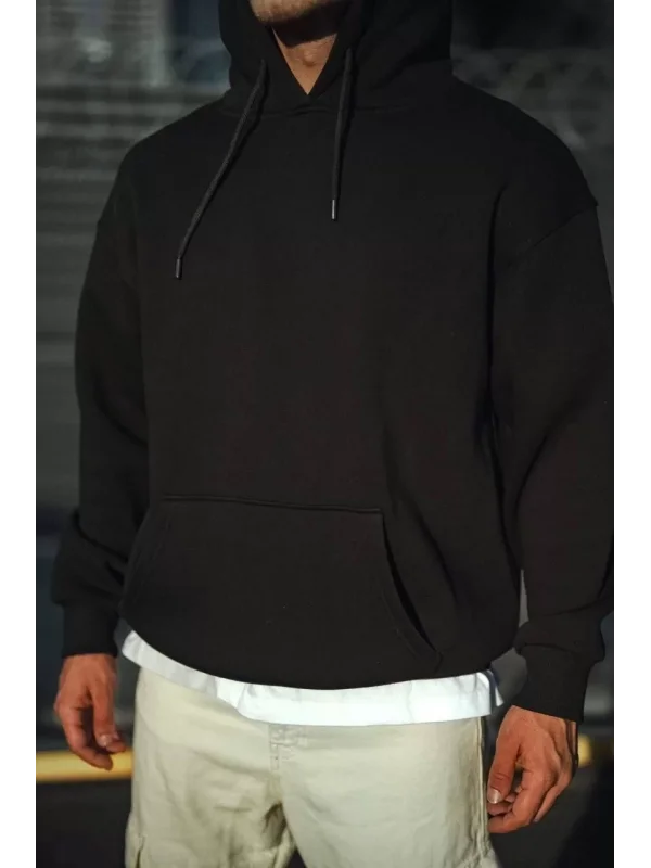 Üç İplik Penye Kapşonlu Basic SweatShirt - Siyah