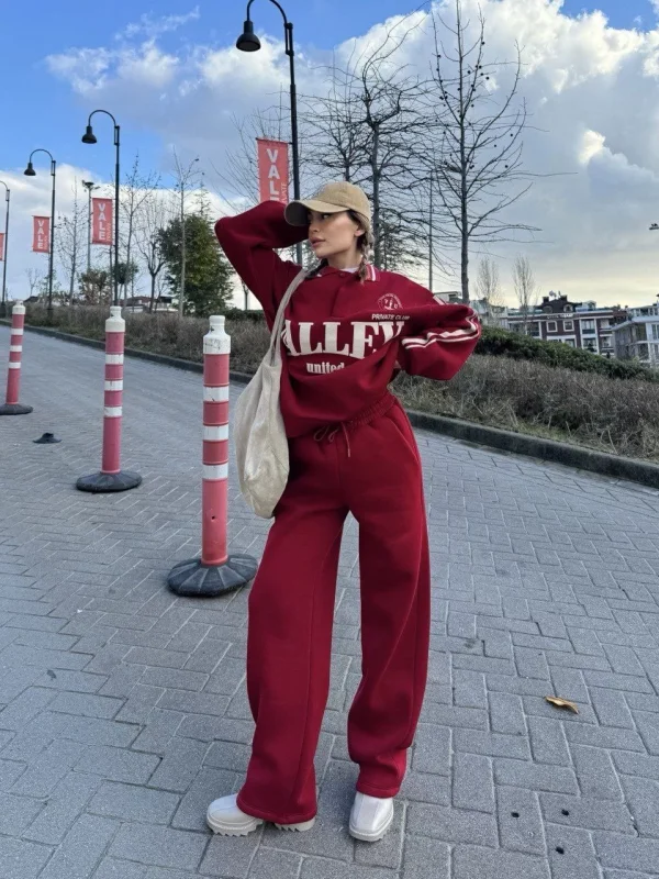 Üç İplik Yakalı Sweat Baggy Pantalonlu Takım - Bordo