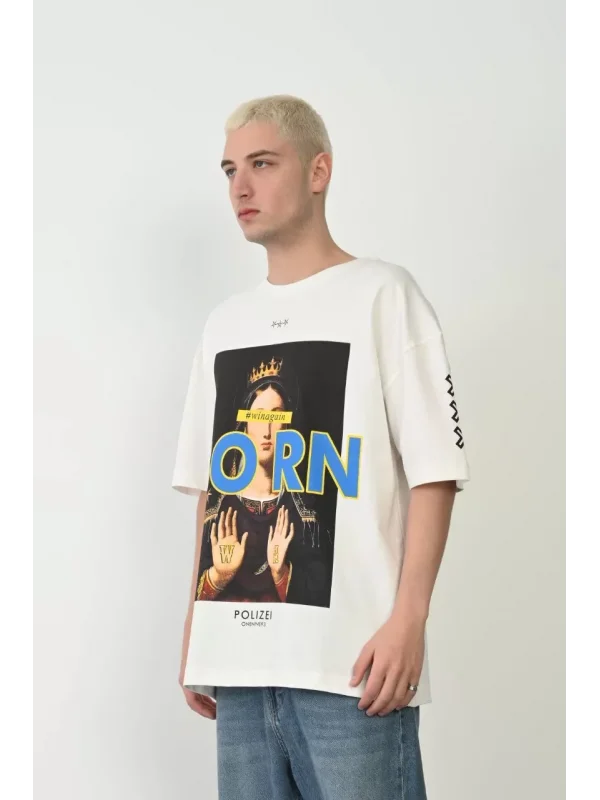 Unisex Baskılı Bisiklet Yaka Oversize T-Shirt - Beyaz