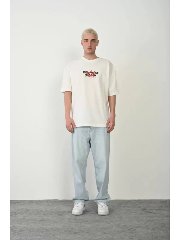 Unisex Baskılı Bisiklet Yaka Oversize T-Shirt - Beyaz