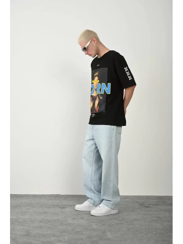 Unisex Baskılı Bisiklet Yaka Oversize T-Shirt - Siyah