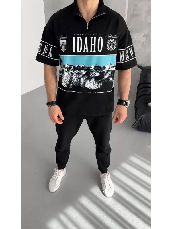 Unisex Baskılı Yarım Fermuarlı T-Shirt - Siyah