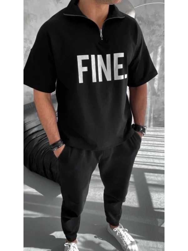 Unisex Baskılı Yarım Fermuarlı T-Shirt - Siyah