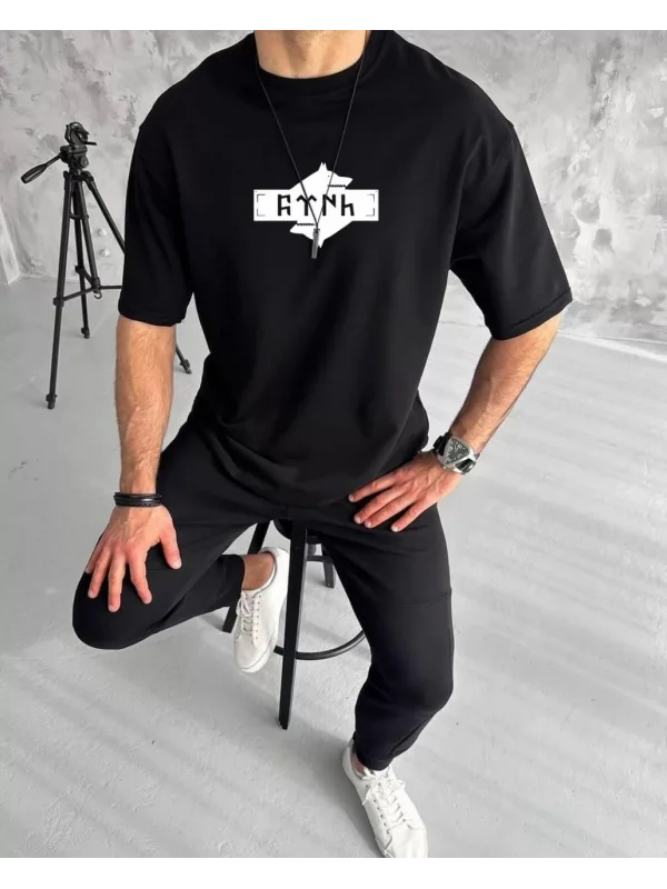 Unisex Bisiklet Yaka Baskılı Double Oversize T-Shirt - Siyah