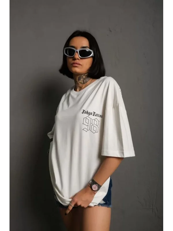 Unisex Bisiklet Yaka Baskılı Oversize T-Shirt - Beyaz
