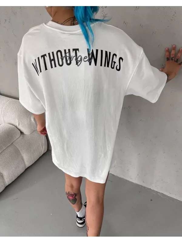 Unisex Bisiklet Yaka Baskılı Oversize T-Shirt - Beyaz