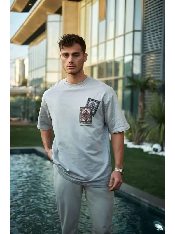 Unisex Bisiklet Yaka Baskılı Oversize T-Shirt - Boyalı Gri