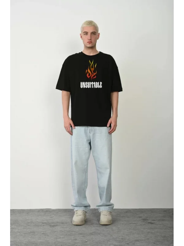 Unisex Bisiklet Yaka Baskılı Oversize T-Shirt - Siyah