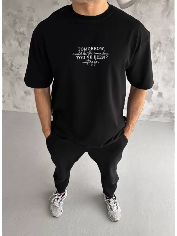 Unisex Bisiklet Yaka Baskılı Oversize T-Shirt - Siyah