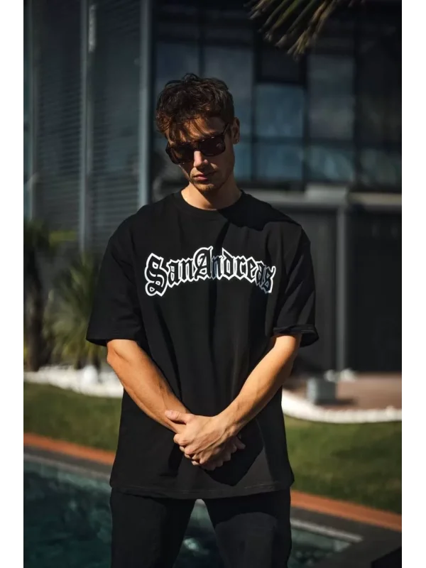 Unisex Bisiklet Yaka Baskılı Oversize T-Shirt - Siyah