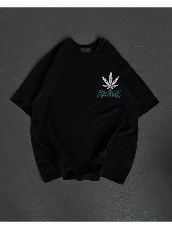 Unisex Bisiklet Yaka Baskılı Oversize T-Shirt - Siyah