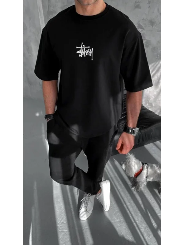 Unisex Bisiklet Yaka Baskılı Oversize T-Shirt - Siyah