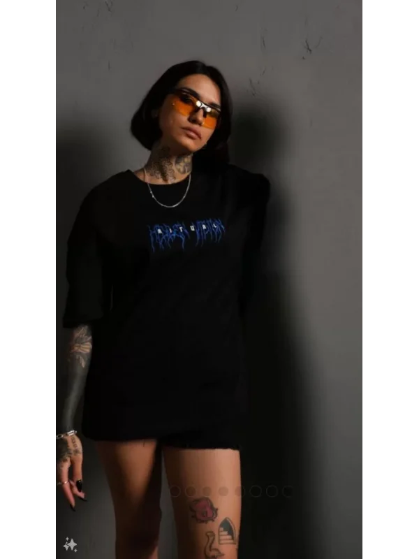 Unisex Bisiklet Yaka Baskılı Oversize T-Shirt - Siyah