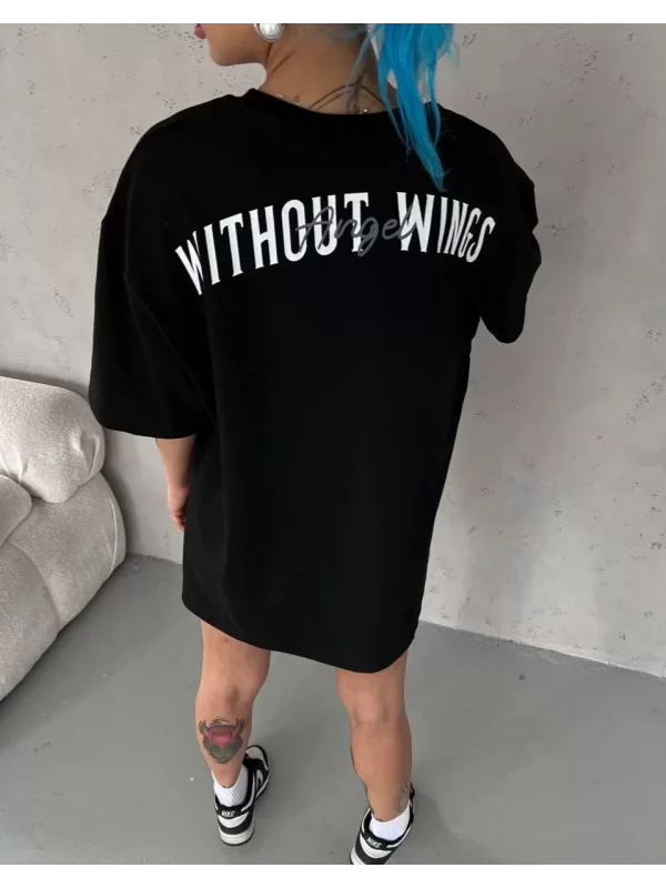 Unisex Bisiklet Yaka Baskılı Oversize T-Shirt - Siyah