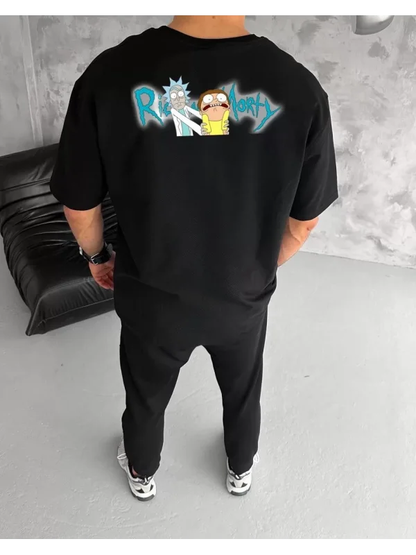 Unisex Bisiklet Yaka Baskılı Oversize T-Shirt - Siyah