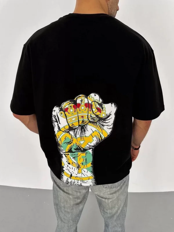 Unisex Bisiklet Yaka Baskılı Oversize T-Shirt - Siyah