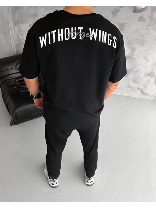 Unisex Bisiklet Yaka Baskılı Oversize T-Shirt - Siyah