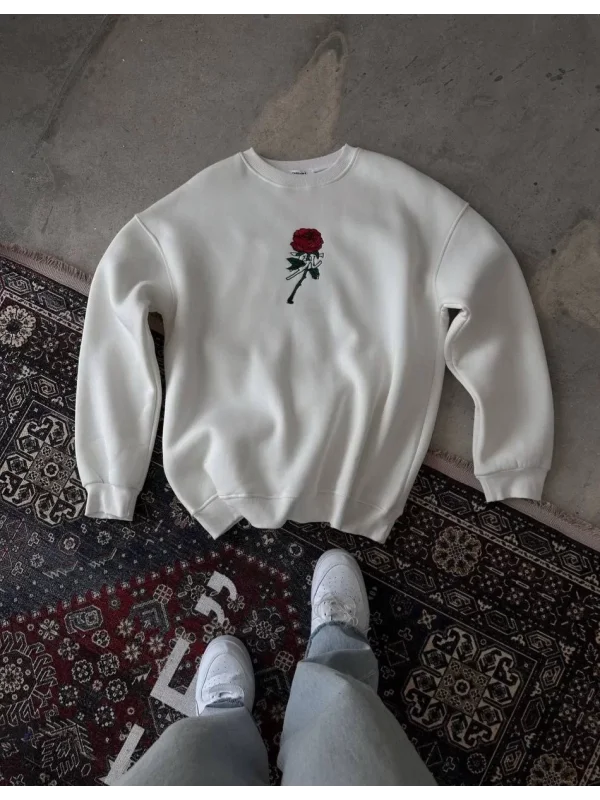Unisex Bisiklet Yaka Ön Ve Arka Baskılı SweatShirt - Beyaz