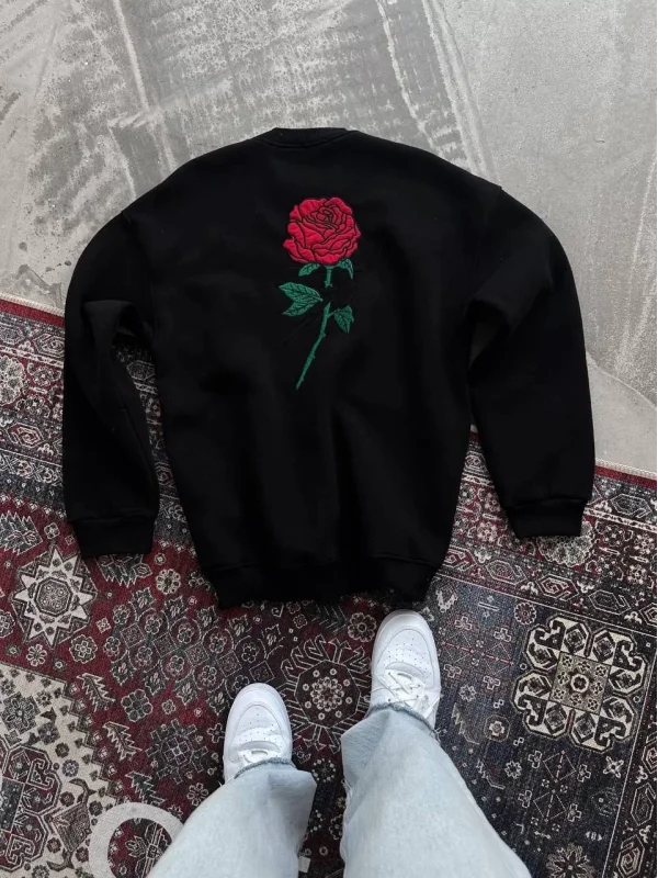 Unisex Bisiklet Yaka Ön Ve Arka Baskılı SweatShirt - Siyah