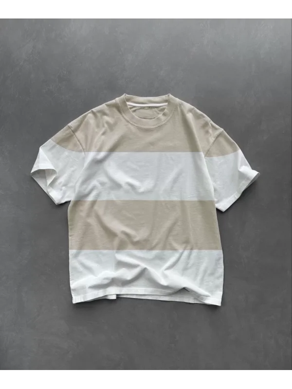 Unisex Bisiklet Yaka Parçalı T-Shirt - Bej