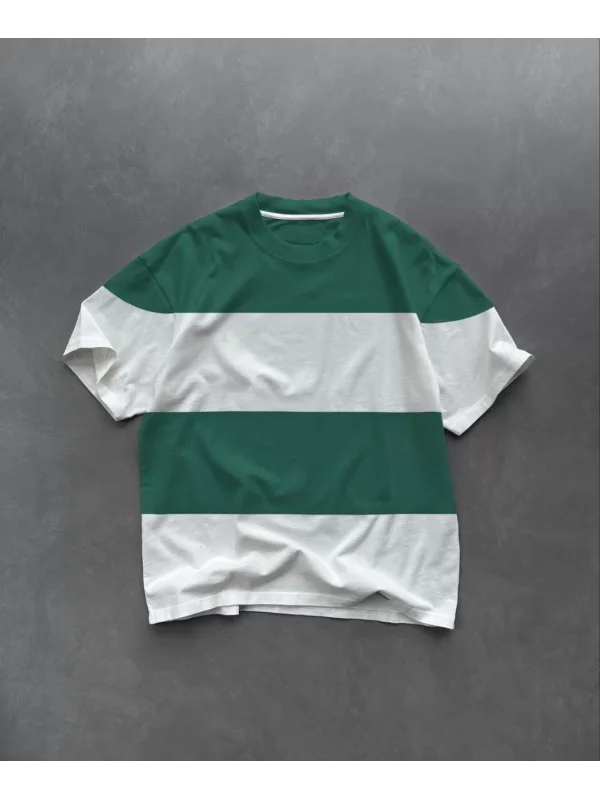 Unisex Bisiklet Yaka Parçalı T-Shirt - Yeşil