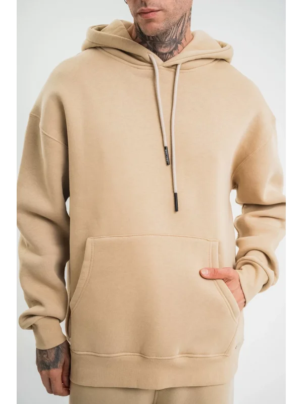 Unisex Double Oversize Kapşonlu Basic SweatShirt - Bej