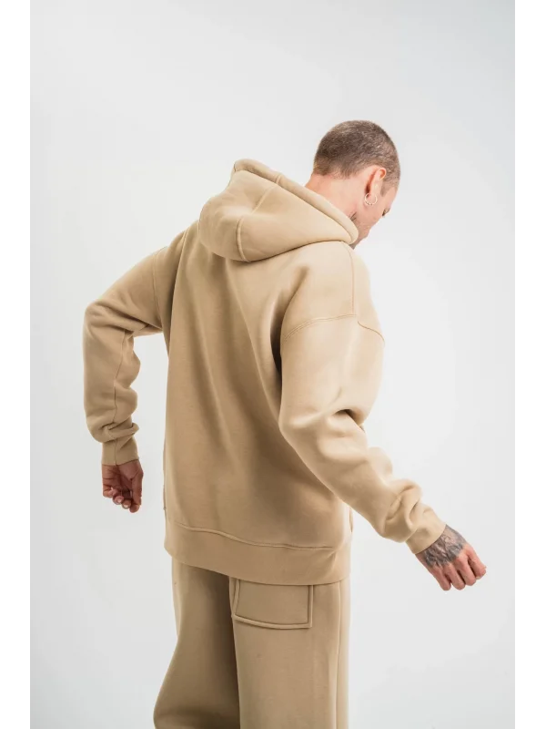Unisex Double Oversize Kapşonlu Basic SweatShirt - Bej