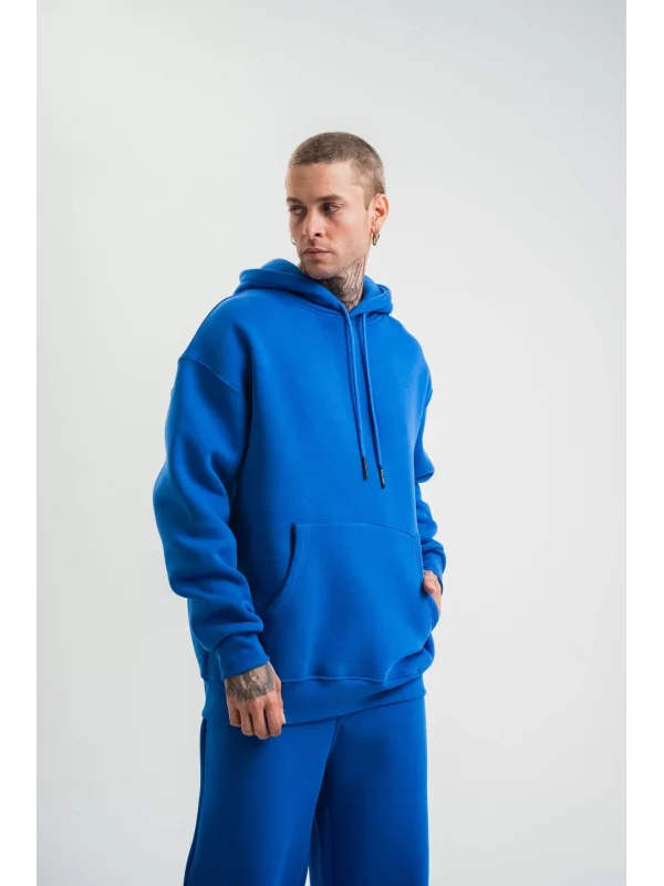 ERKEK Double Oversize Kapşonlu Basic SweatShirt - Mavi