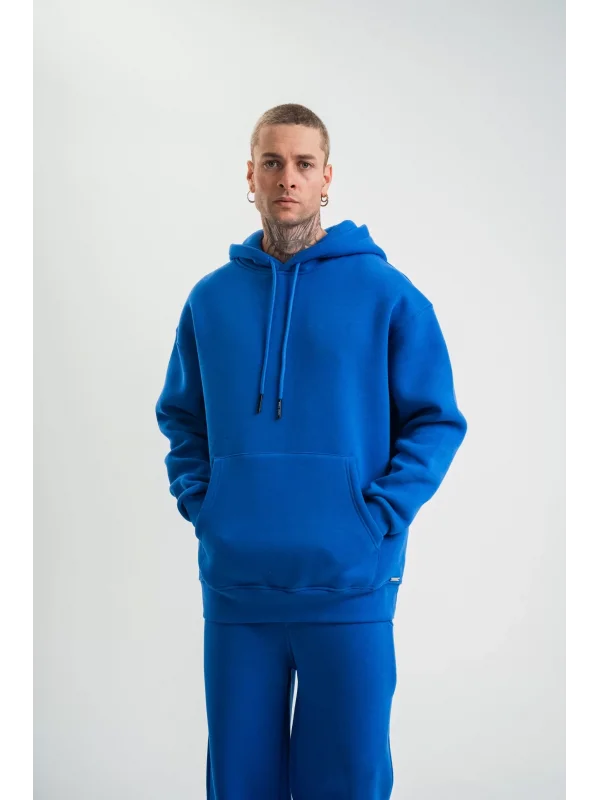 ERKEK Double Oversize Kapşonlu Basic SweatShirt - Mavi