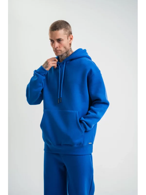 ERKEK Double Oversize Kapşonlu Basic SweatShirt - Mavi