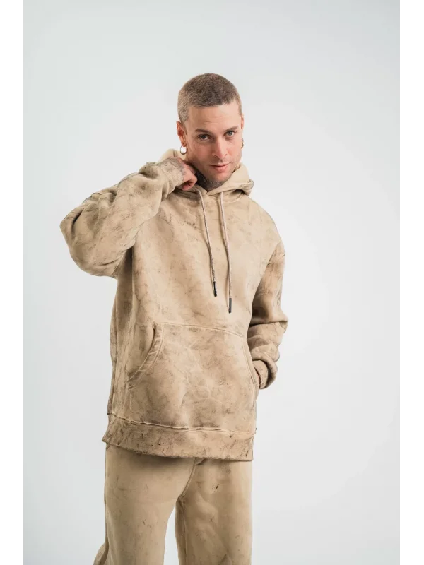 ERKEK Double Oversize Kapşonlu Yıkamalı SweatShirt - Bej