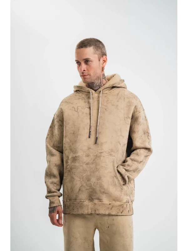 ERKEK Double Oversize Kapşonlu Yıkamalı SweatShirt - Bej