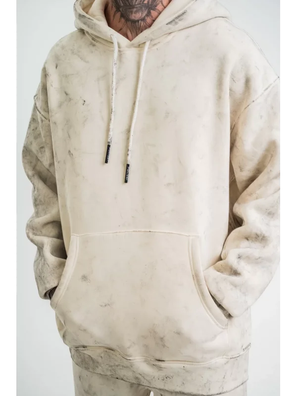 Unisex Double Oversize Kapşonlu Yıkamalı SweatShirt - Krem