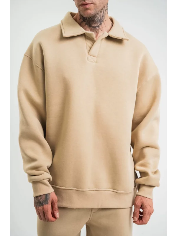 Unisex Double Oversize Patlı Yaka SweatShirt - Bej