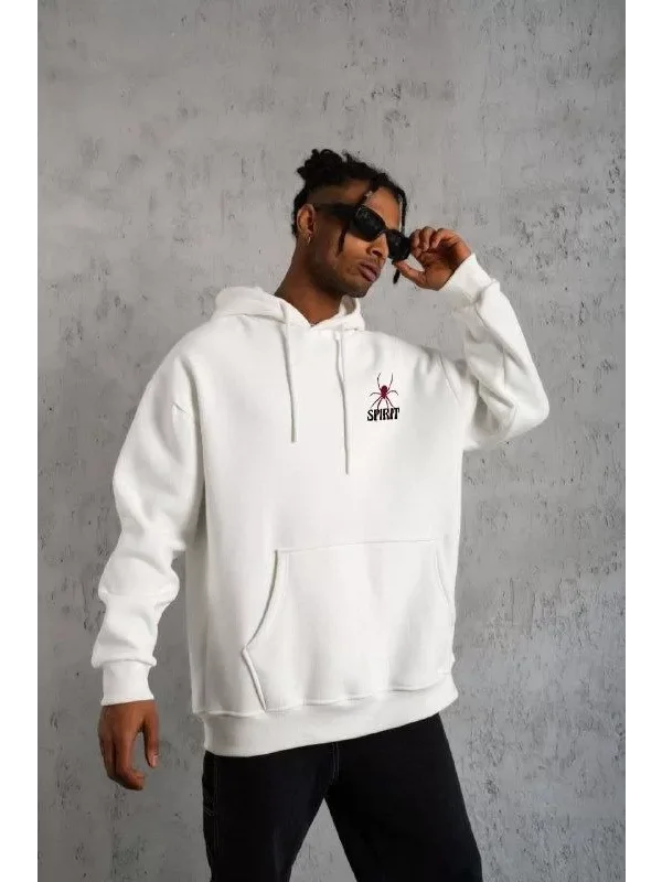 ERKEK Kapşonlu Baskılı Sweetshirt - Beyaz