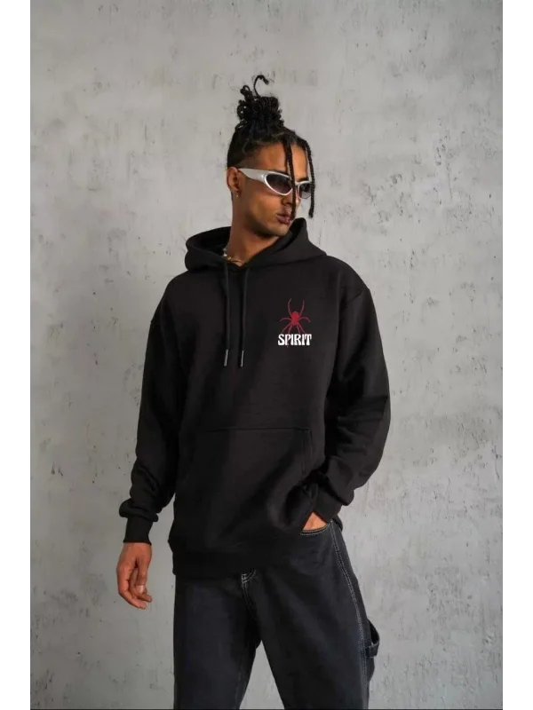 ERKEK Kapşonlu Baskılı Sweetshirt - Siyah