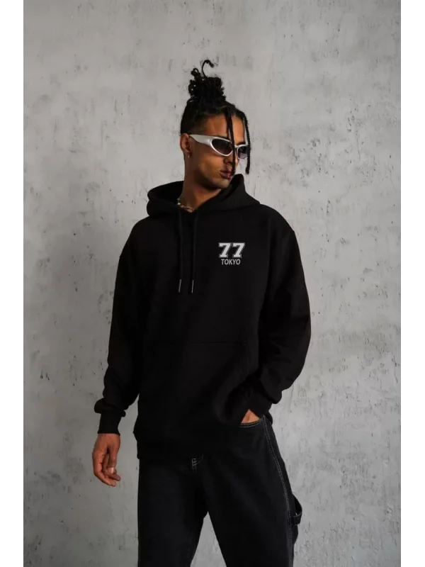 ERKEK Kapşonlu Baskılı Sweetshirt - Siyah