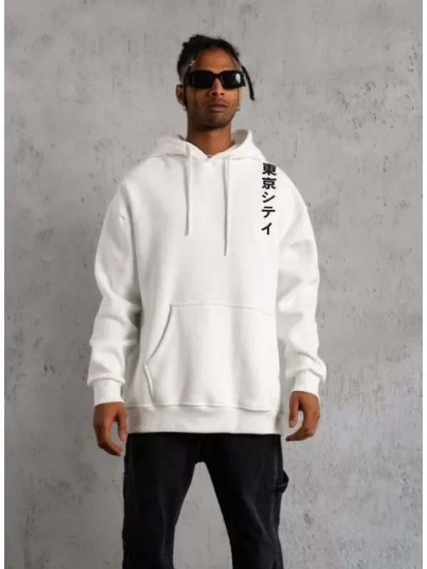 ERKEK Kapşonlu Uzun Kol Baskılı Sweetshirt - Beyaz