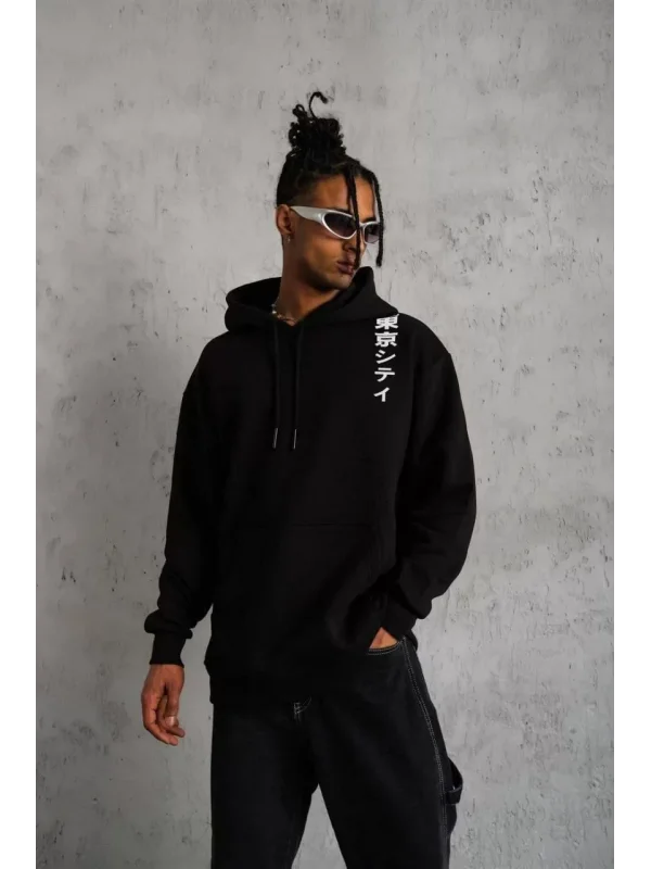 ERKEK Kapşonlu Uzun Kol Baskılı Sweetshirt - Siyah