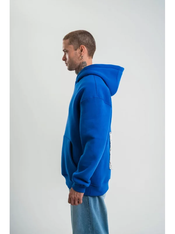 Unisex Kapşonlu Uzun Kol Patchli Nakışlı SweatShirt - Mavi