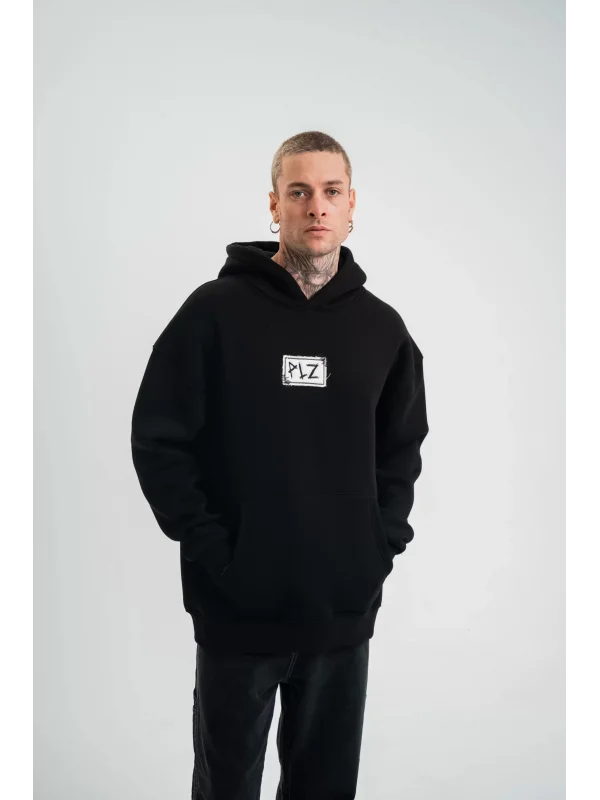 ERKEK Kapşonlu Uzun Kol Patchli Nakışlı SweatShirt - Siyah