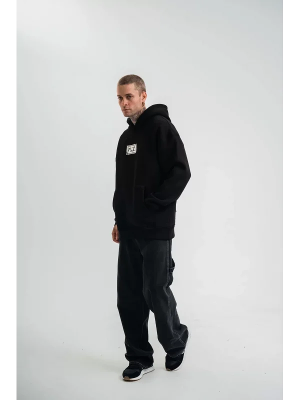 ERKEK Kapşonlu Uzun Kol Patchli Nakışlı SweatShirt - Siyah