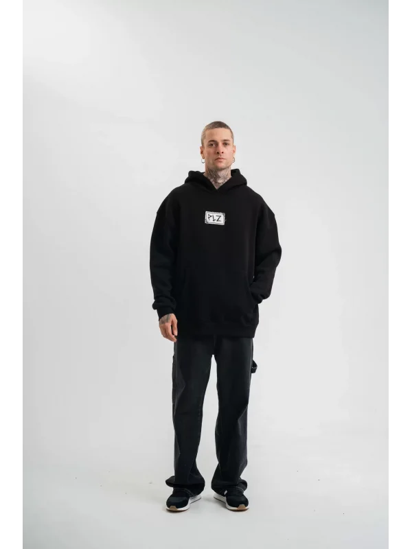 ERKEK Kapşonlu Uzun Kol Patchli Nakışlı SweatShirt - Siyah