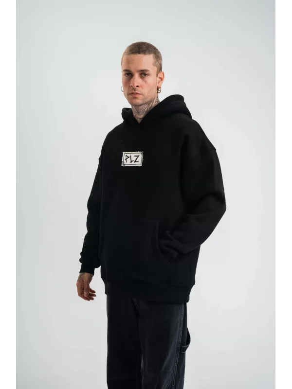ERKEK Kapşonlu Uzun Kol Patchli Nakışlı SweatShirt - Siyah