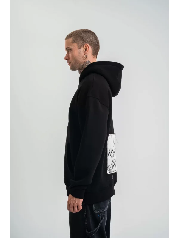 ERKEK Kapşonlu Uzun Kol Patchli Nakışlı SweatShirt - Siyah