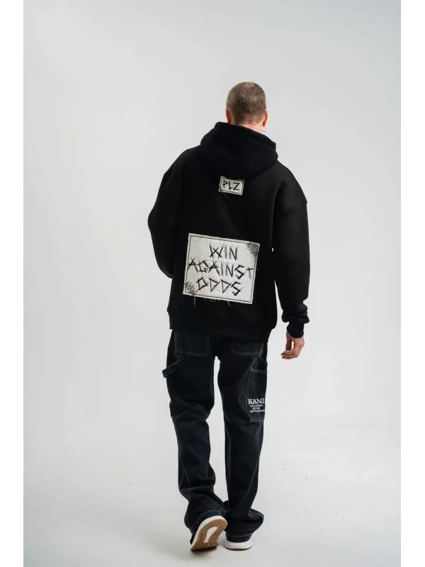 ERKEK Kapşonlu Uzun Kol Patchli Nakışlı SweatShirt - Siyah