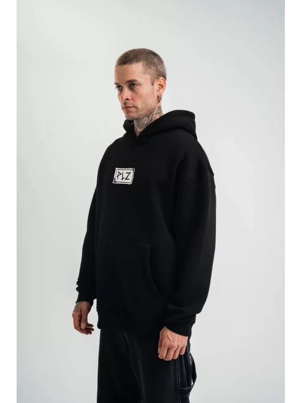 ERKEK Kapşonlu Uzun Kol Patchli Nakışlı SweatShirt - Siyah