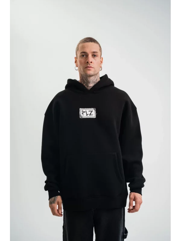 ERKEK Kapşonlu Uzun Kol Patchli Nakışlı SweatShirt - Siyah