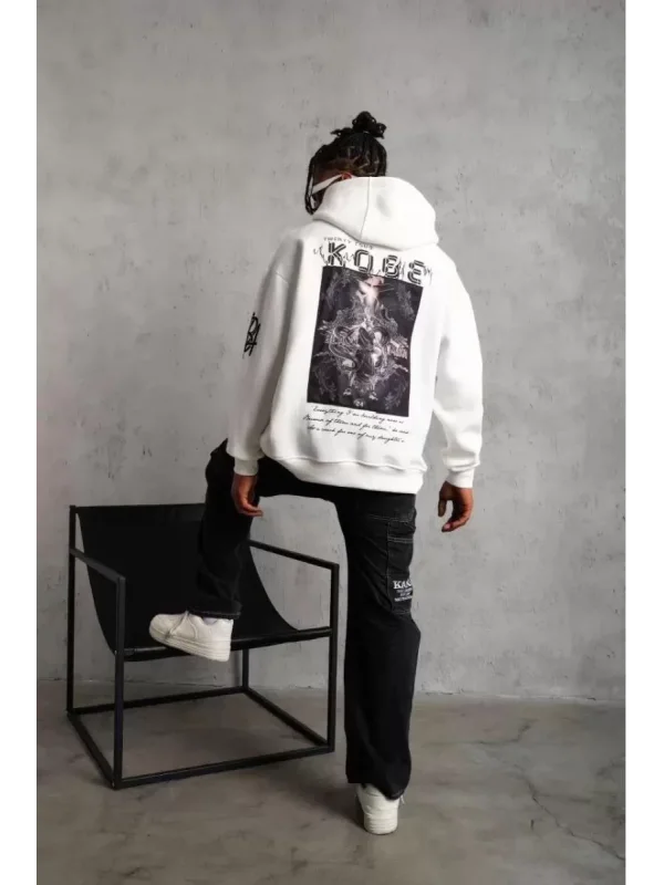 ERKEK Sırt Baskılı Kapüşonlu Üç İplik Oversize Sweatshirt - Beyaz