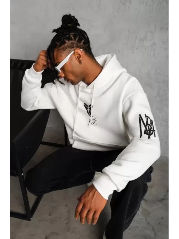 ERKEK Sırt Baskılı Kapüşonlu Üç İplik Oversize Sweatshirt - Beyaz